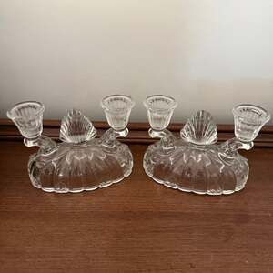 Set of 2 1940's L E Smith Glass Double Candlestick Candle Holder Clear Glass Vin